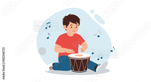 Boy Enjoys Playing A Drum Surrounded By Musical Notes Illustration
