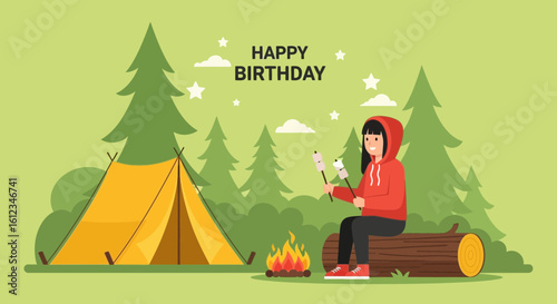 Camping Birthday Scene With Marshmallows And Forest Adventures For Celebration