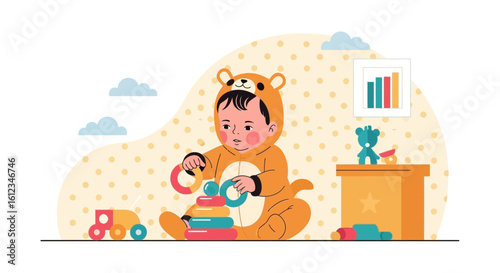 Adorable Toddler Engaged In Playtime Wearing a Cozy Bear Outfit And Stacking Rings