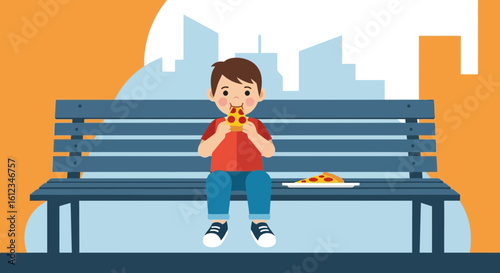 Boy Enjoys Slice Of Pizza On Park Bench During Lunch Break In The City