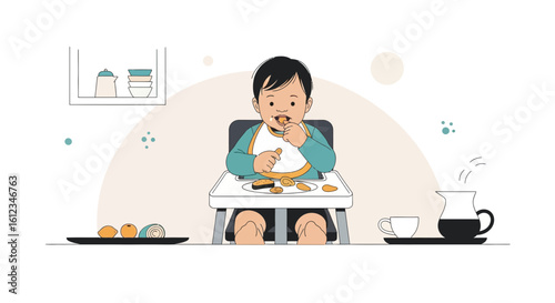 Adorable Toddler Enjoying Snack Time in Highchair Illustration Isolated
