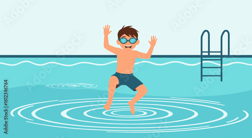 Boy Enjoys Splashing Around In Water Of Swimming Pool On A Sunny Day