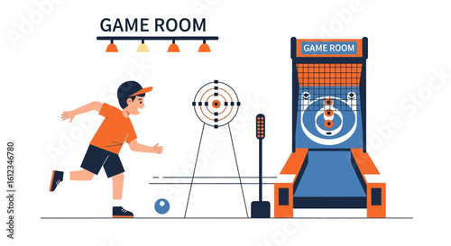 Boy enthusiastically participates in ball throwing game in a vibrant game room setting