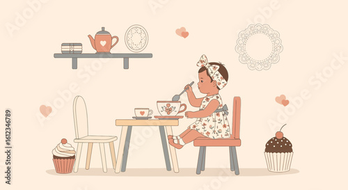 Adorable Toddler Imaginary Tea Party With Cakes And Vintage Decorations