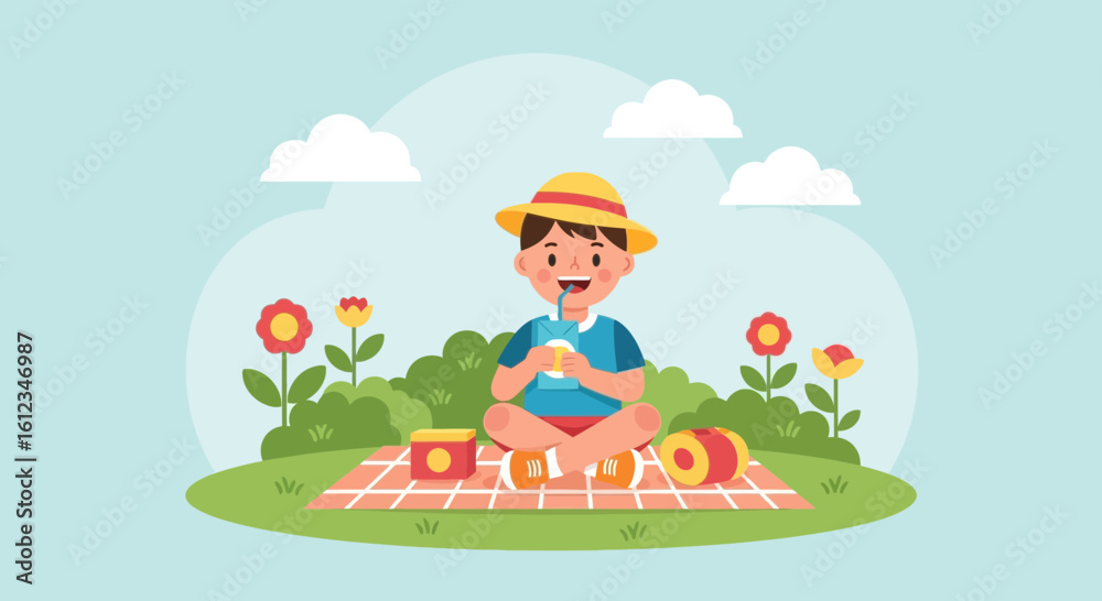 Fototapeta premium Cartoon boy enjoying a picnic in the park, featuring a sunny day and vibrant nature backdrop