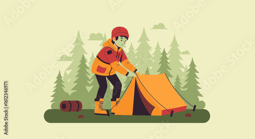 Adventurous Man Setting Up a Tent In a Calm Forest Landscape Illustration