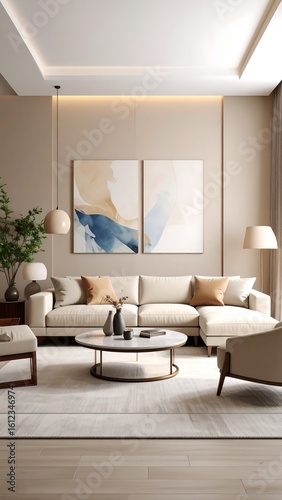 Beige living room with abstract art