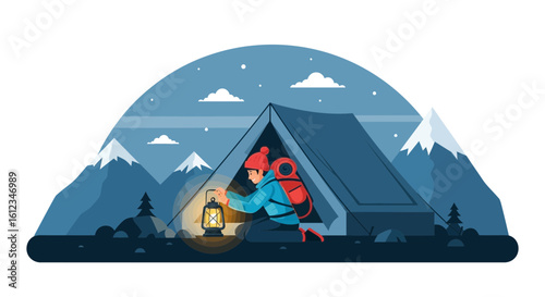 Adventurous Night Camping Expedition In Nature With Lantern Beneath Starry Skies