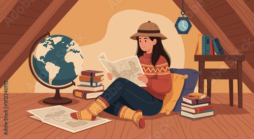 Adventurous Woman Planning a Trip in Cozy Attic Surrounded by Travel Memorabilia