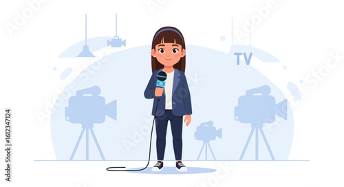 Cartoon female reporter holding microphone at TV studio ready for broadcast