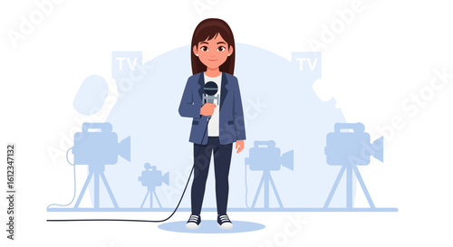 Cartoon female reporter with microphone standing in front of cameras in television studio broadcast with illustration background