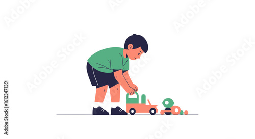 An illustration of a young boy playing with his toy car and wooden caterpillar toy happily at home