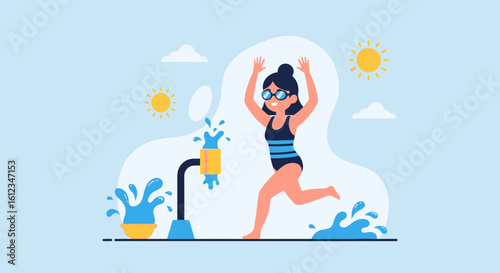 Cartoon girl enjoying summer water fun at the park fountain under the sun happy
