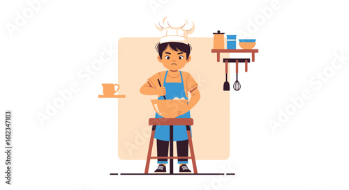 Angry Young Boy Chef Is Baking In the Kitchen With A Mischievous Face