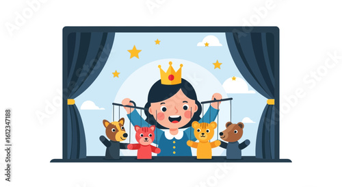 Cartoon girl with crown playing with puppet show theater vector design