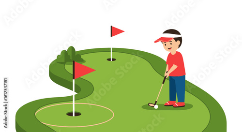 Cartoon Golfer Aiming For The Hole In A Fun Golfing Scene Illustration