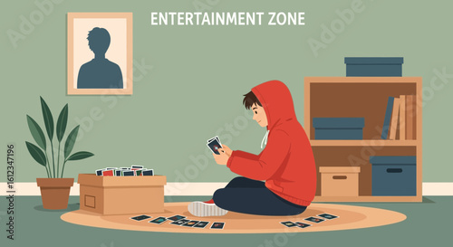 Boy In Hoodie Sits On Floor, Sorts Through Collection Of Old Photographs