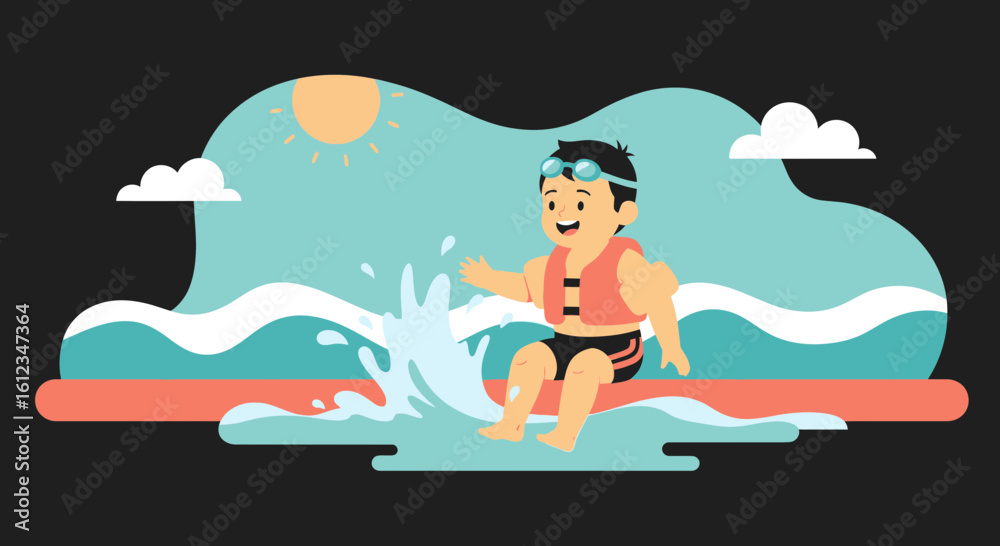 Cartoon illustration of a boy wearing a life jacket sitting by the water having fun and splashing around during a sunny day Cartoon illustration of a boy wearing a life jacket sitting by the water having fun and splashing around during a sunny day
