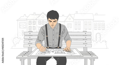 Architectural Designer Sketches Housing Plan On Park Bench During Leisure Time