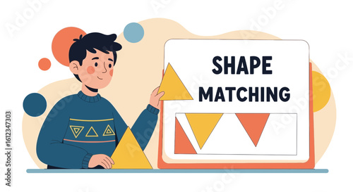Cartoon illustration of a boy playing shape matching game for learning and education