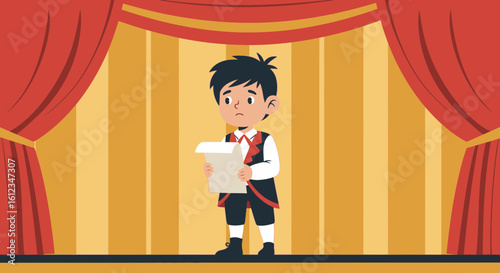 Anxious Youngster On Stage In Theater Costume Holding Lines Of Script