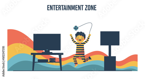 Cartoon illustration of a boy playing with a ball in an entertainment zone setting home fun family activity