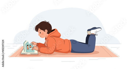 Cartoon illustration of a boy reading a book lying on his stomach on a rug