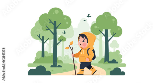 Cartoon illustration of a child hiking in a forest with trees and birds background