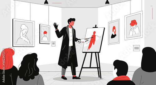 Artist Demonstrating Painting Techniques To An Audience In A Gallery Exhibition