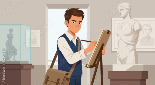 Artist Drawing Classical Sculpture In A Museum Art Student Illustration