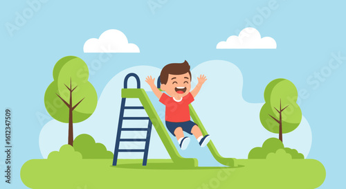 Cartoon illustration of a joyful boy sliding down a playground slide on a sunny day