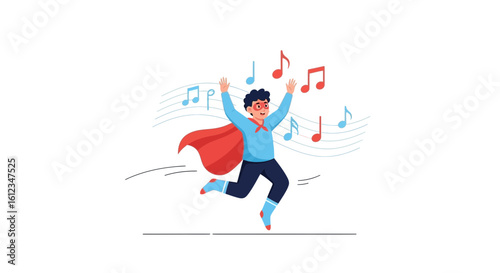 Cartoon illustration of a superhero running surrounded by musical notes and happiness concept