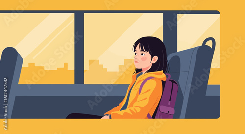 Cartoon illustration of a thoughtful young girl on a bus journey through the city