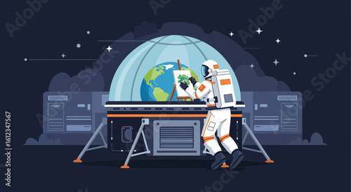 Astronaut Artist Painting Earth On Canvas In Space Base Studio
