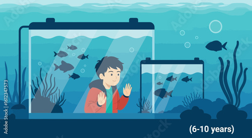 Boy Looks At Fish In Two Aquariums With Underwater Scene Illustration