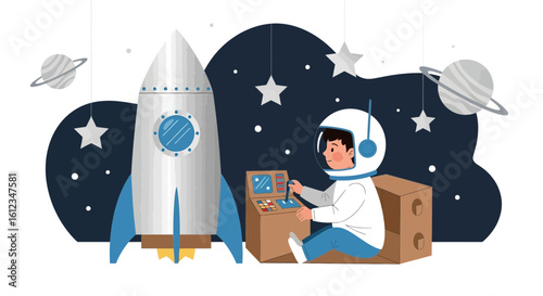 Astronaut Boy Playing Rocket In Cardboard Box Imagination And Space