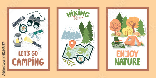 Hiking and camping posters set. Binoculars, flashlight, compass, map, forest, mountains, tent, folding chair, knife tools, lettering. Cartoon objects on a white background. Vector collage elements.