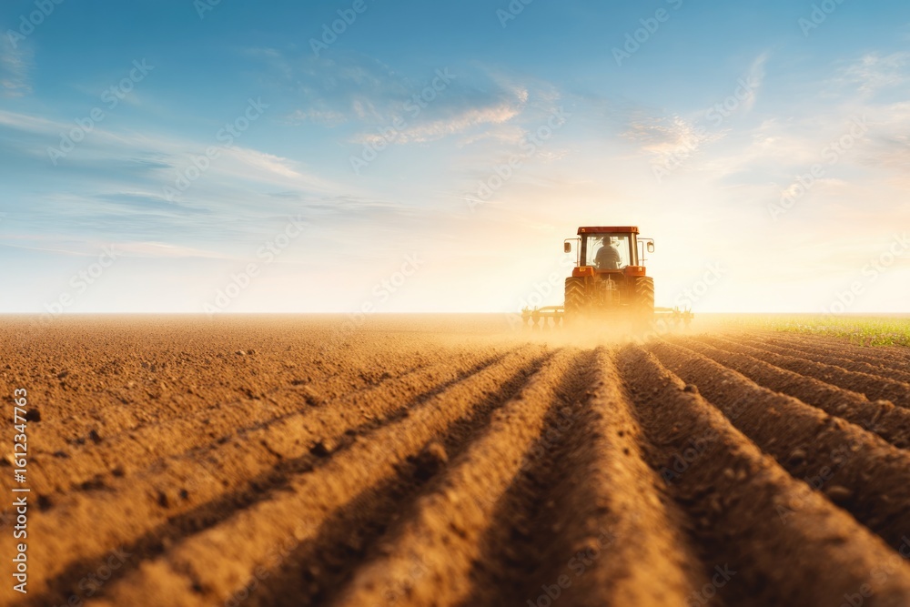 Fototapeta premium Tractor Working on Farm Field at Sunset