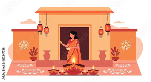 Auspicious Rituals Woman Lighting Diyas on Deepavali Celebrating Festival