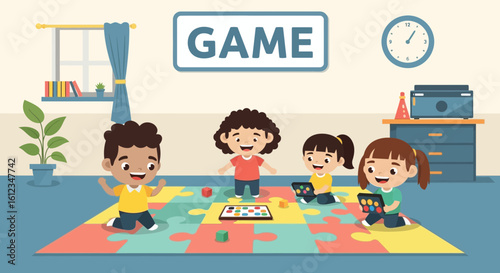 Cartoon illustration showing happy children playing board game at home cheerfully in a room with colorful puzzle floor