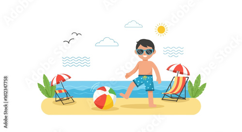 Cartoon image of a boy playing with a ball on a sunny beach scene with chairs