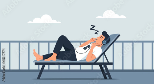 Cartoon Man Relaxing on a Lounger With Headphones Enjoying the Summer Sun