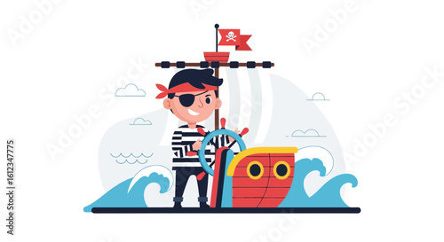 Cartoon pirate sailing on a ship with skull flag in the sea during a voyage