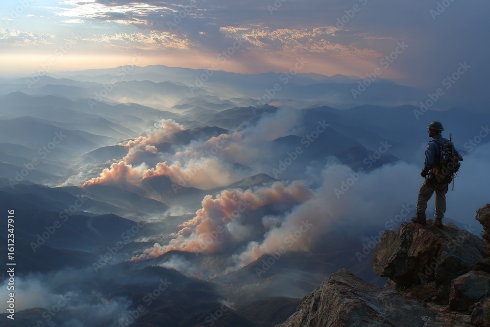 Fototapeta premium Presidential silhouette overlooks devastated terrain, reflects on policies. Crisis management. State's firefighting helicopter purchase part of new legislative plan. Emergency response.