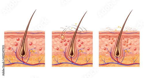 Discover the science behind hair growth and follicle health with detailed cross-sections illustrating cellular processes and dermal layers, perfect for medical education and cosmetic advertising.