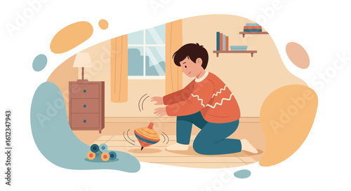 Boy Playing With Spinning Top In Room Scene Childhood Fun Concept