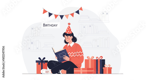 Celebrating A Birthday Girl Reads a Book Surrounded by Gifts At Home