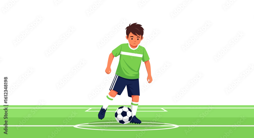 Obraz premium Boy Practices Soccer On The Field With Ball In Sports Uniform