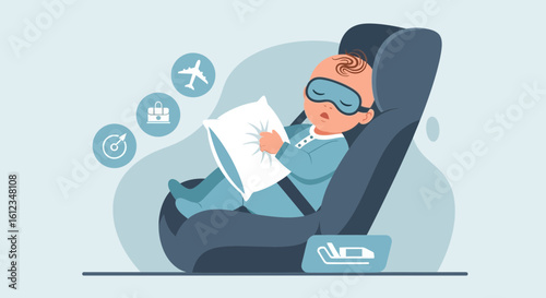 Baby travels safe and sleeps soundly in car seat with travel icons around him