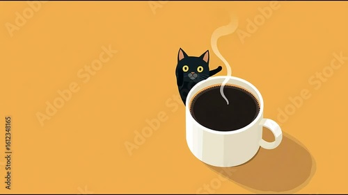 Cute black cat peeking out from a white coffee cup on a vibrant orange background, creating a whimsical and playful atmosphere perfect for coffee lovers and cat enthusiasts